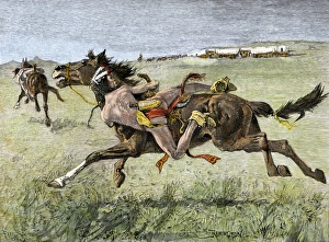 Horse Back Prints: Wagon train attacked by Indians on the Great Plains