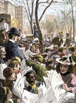 Wagons distributing newspapers to newsboys at Union Square