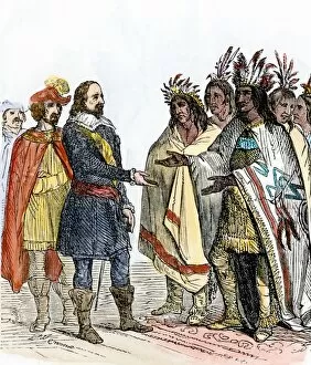 Puritan Gallery: Wampanoags and Plymouth colonists pledge peace, 1621
