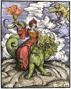 Horn Prints: Whore of Babylon riding the seven-headed dragon