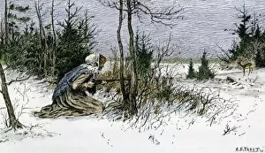 Rifle Collection: Woman hunting deer in the snow