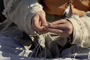 Handicraft Prints: Woman reenactor knitting at Yorktown battlefield