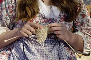 Handicraft Prints: Woman reenactor knitting at Yorktown battlefield