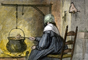 Woman stirring a cook-pot hanging in a fireplace
