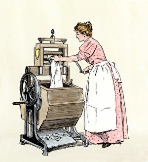 1900 Prints: Woman using Bradfords Vowel washing-machine with the new