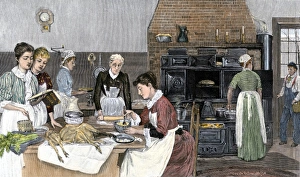 Thanks Giving Prints: Women preparing Thanksgiving dinner in a big kitchen
