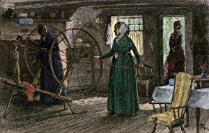 Handicraft Prints: Women spinning with large wheels, 1800s