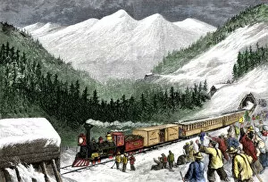Central Pacific Gallery: Workers cheering the first train over the mountains from California