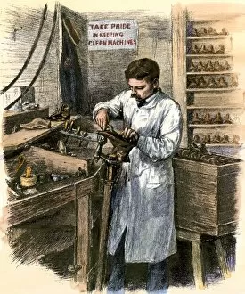 Worker Collection: Working in a shoe factory, late 1800s