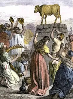 Biblical Character Gallery: Worship of a golden calf by the Hebrews