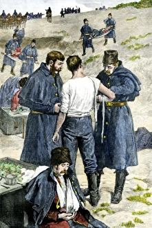 Protest Prints: Wounded men carried from a fight with insurgents at Fish Creek during the Riel
