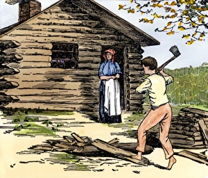 Indiana Prints: Young Abe Lincoln cutting wood for his mother at their Indiana log cabin