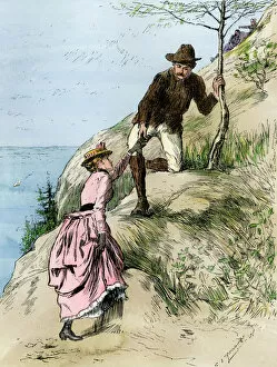 1880s Collection: Young couple hiking on Mt Desert Island, Maine