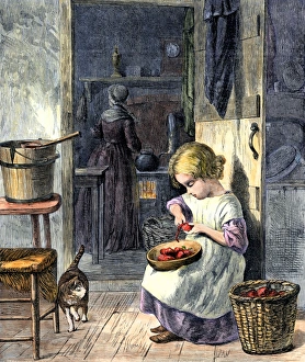 Apple Prints: Young girl peeling apples for her mother